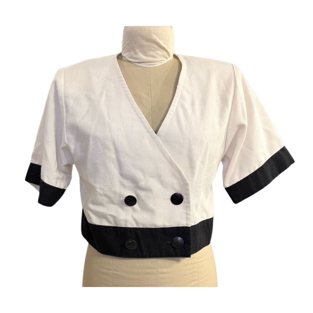 Leslie Fay Vintage Cropped Blazer Sz.10 Double Breasted Black/White 1990’s USA